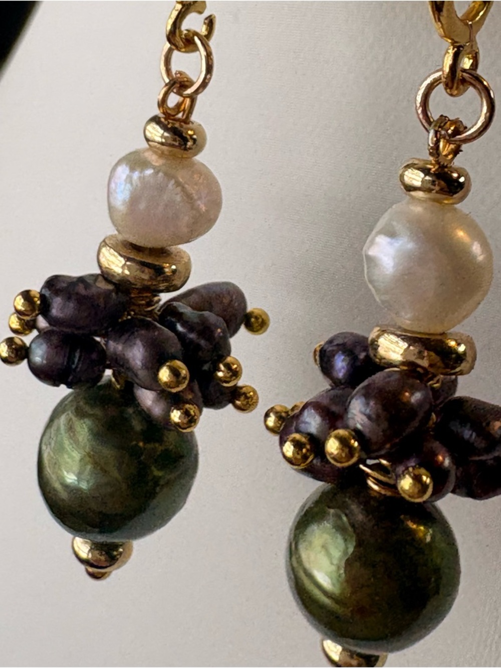 Artisan Handmade Freshwater Pearl Gold Drop Dangle Earrings Green Purple - Picture 3 of 7